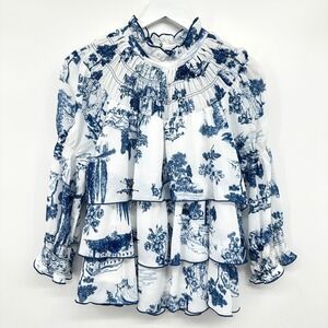 John Mark Top Shirt Size Small‎ Toile Tiered Ruffle Milkmaid Fairycore Victorian